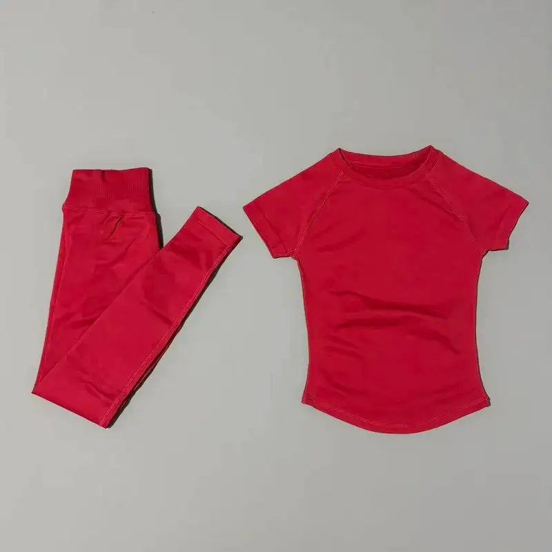 2Pcs HISTELLO Fitness Sets Women High Elastic Seamless Short Sleeve Top Low Waist Full Leggings Tummy Control Butt Lift Yoga Gym