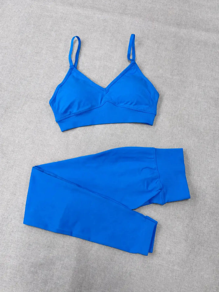Quick Dry V Neck Sports Bra and Yoga Pants Set for Women, 90% Nylon 10% Spandex Moisture Wicking Two Piece Gym Fitness Workout Outfit, Strappy Crop Top Full Length Activewear for Running Training