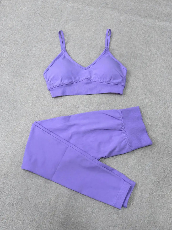 Quick Dry V Neck Sports Bra and Yoga Pants Set for Women, 90% Nylon 10% Spandex Moisture Wicking Two Piece Gym Fitness Workout Outfit, Strappy Crop Top Full Length Activewear for Running Training