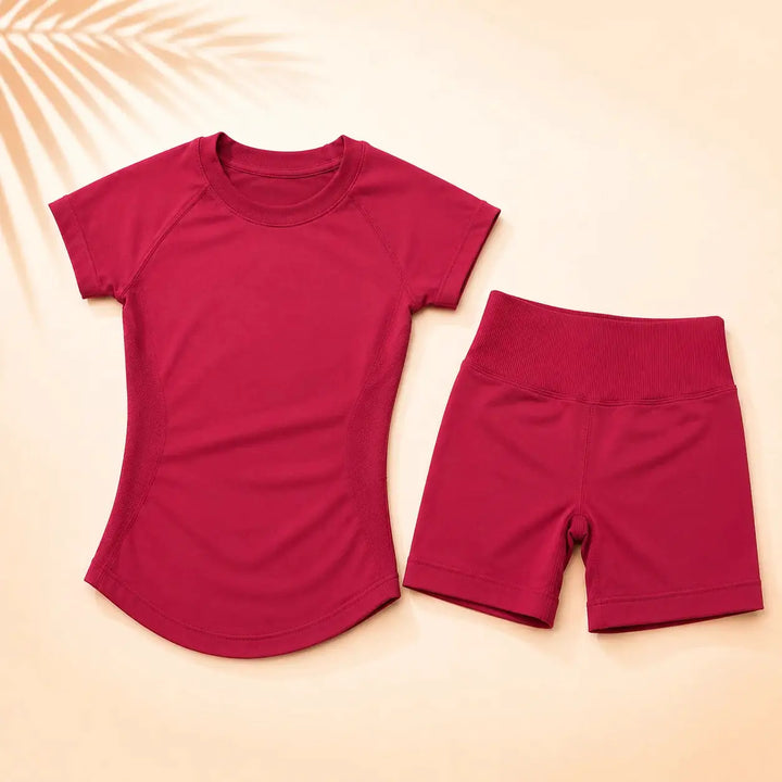 NoLogo Women Ribbed Yoga 2-Piece Set Tummy Short Sleeve Top High Waist Butt Lifting Shorts Seamless Gym for Fitness Running