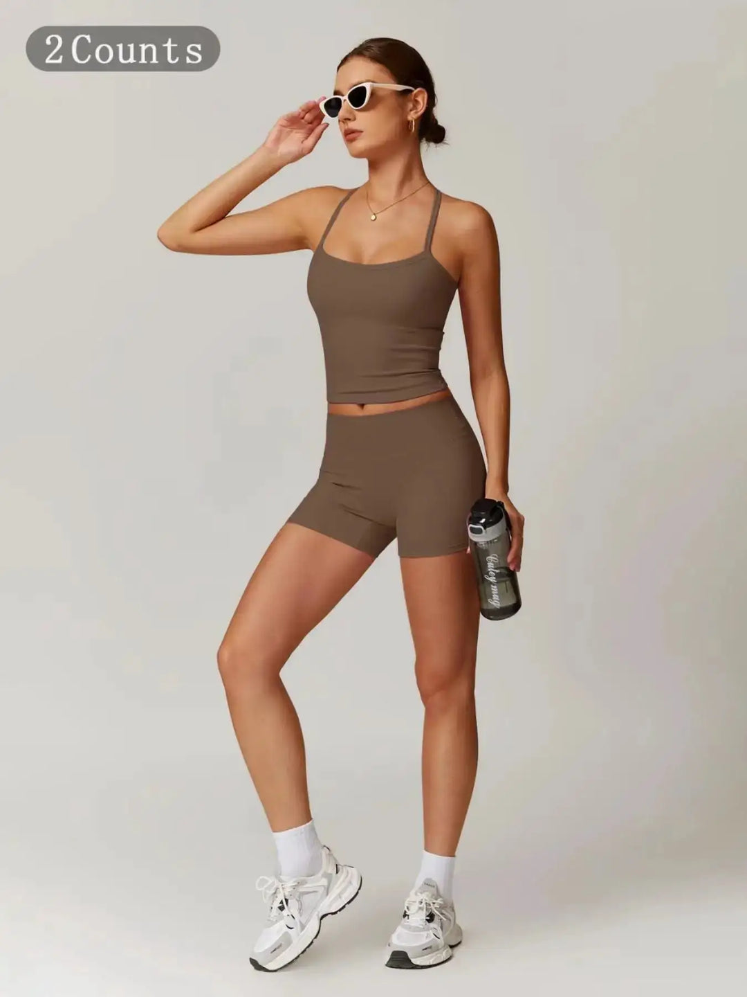Women 2 Piece Yoga Set Quick Dry Workout Tracksuit Backless Cami Top High Waist Tummy Control Butt Lifting Shorts Ladies Fitness Sportswear Gym Outfits Activewear Running Suit