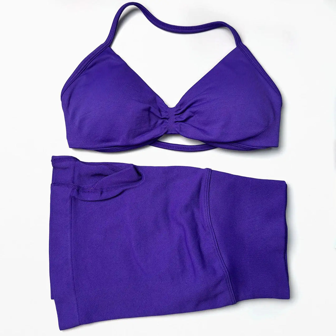 STOUREG 2 Pieces Yoga Gym Set Women Seamless Strappy Yoga Bra High Waist Workout Scrunch Shorts Set Fitness Clothes Sportswear