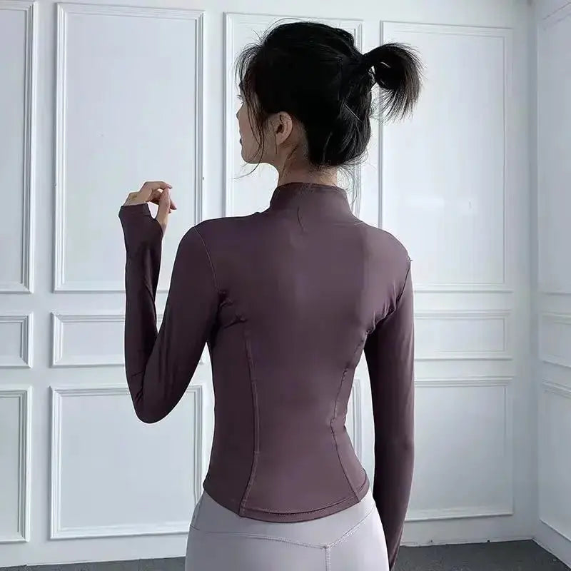 Womens Long Sleeve Sports Jacket Zip Fitness Yoga Shirt
