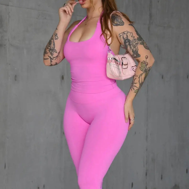 2026 Yoga outfit DFNNYE two Pieces Gym Set seamless Women DF impact backless Halter Top Leggings Fitness Clothes Workout sets