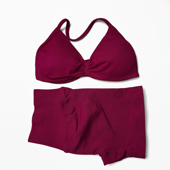 Seamless 2 Pieces Strappy Yoga Halter Bras Sets Scrunch Butt Sports Shorts Quick Dry Backless Gym Crop Tops with Pad Push Up Set