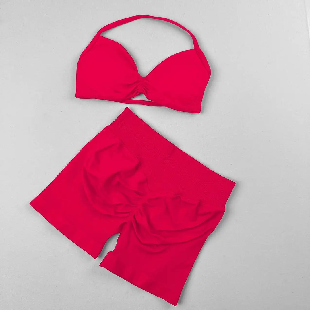 Seamless 2 Pieces Strappy Yoga Halter Bras Sets Scrunch Butt Sports Shorts Quick Dry Backless Gym Crop Tops with Pad Push Up Set