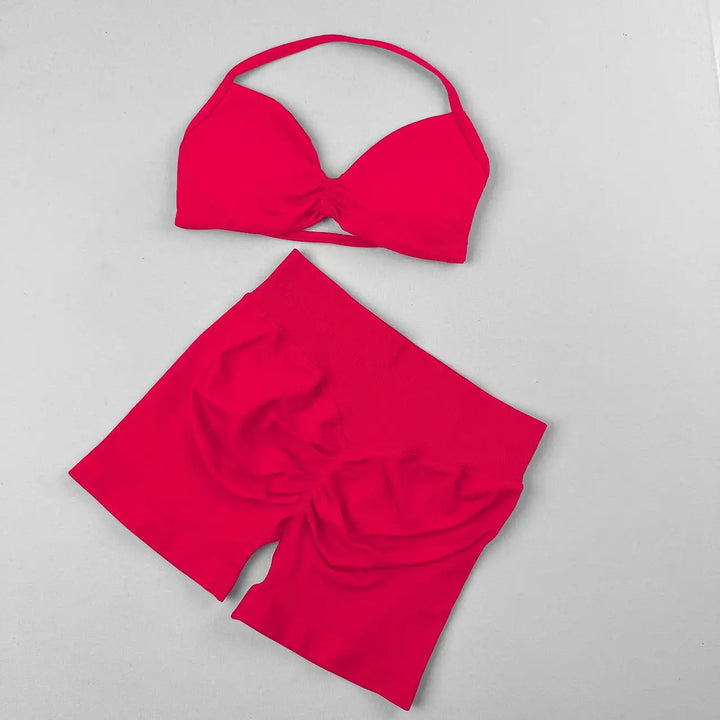 Seamless 2 Pieces Strappy Yoga Halter Bras Sets Scrunch Butt Sports Shorts Quick Dry Backless Gym Crop Tops with Pad Push Up Set