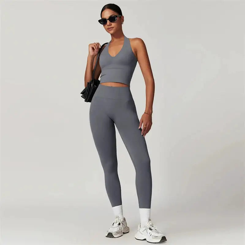 2 Pieces Women Yoga Set Workout Sportswear Gym Clothing Fitness Short Sleeve Crop Top High Waist Leggings Sport Suits