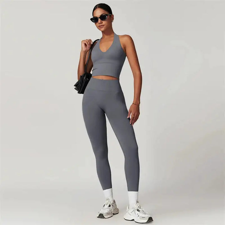 2 Pieces Women Yoga Set Workout Sportswear Gym Clothing Fitness Short Sleeve Crop Top High Waist Leggings Sport Suits