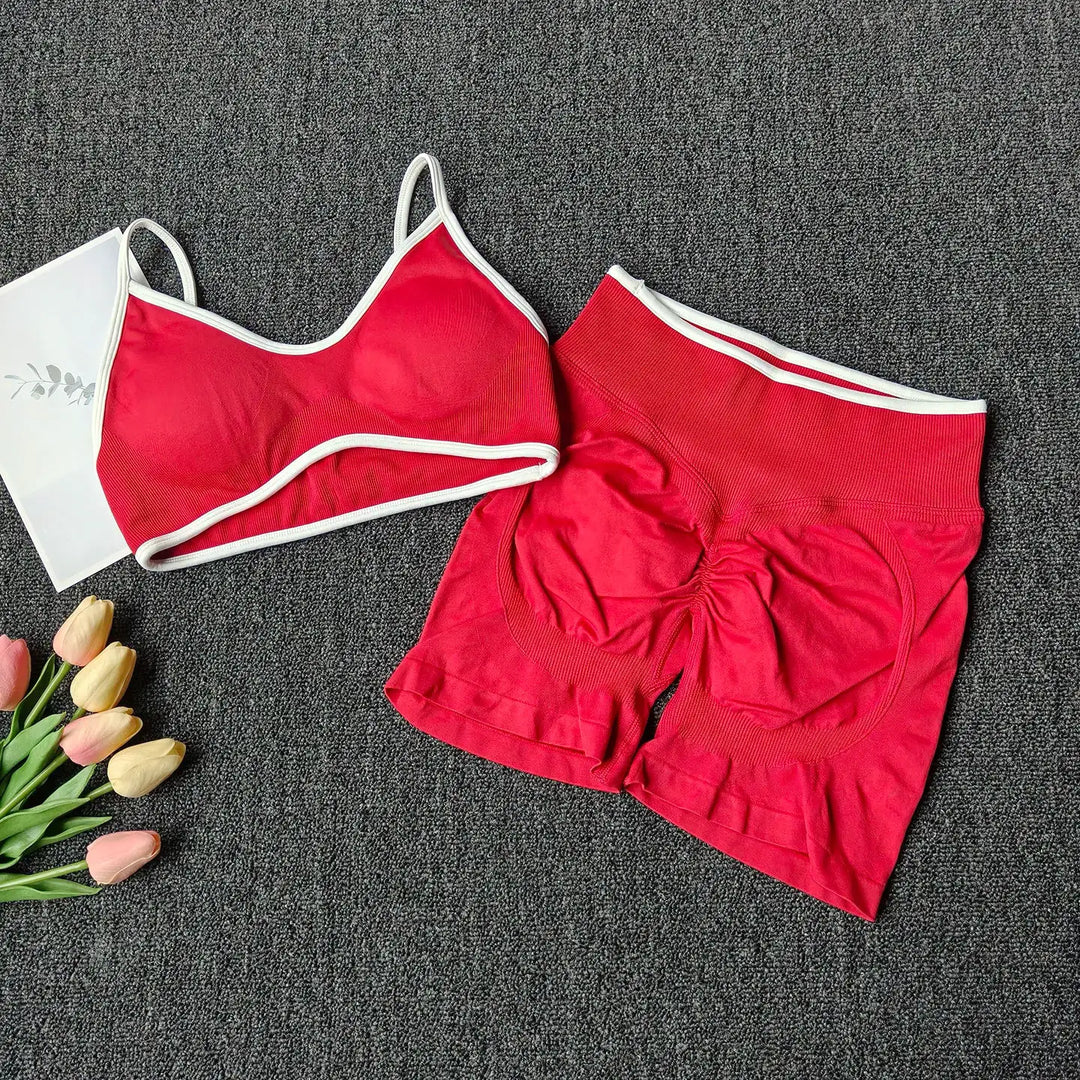 Peach Buttock Yoga Suit Women Gym Seamless Suspender Gathering Bra High Waist Hip Lifting Belly Tightening Shorts Fitness Set