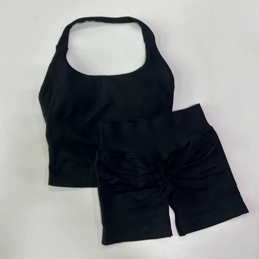 No Logo 2 Pieces Gym Set Women Backless Halter Tops High Waist Seamless Shorts Gym Suit Fitness Clothes Sportswear Workout Sets