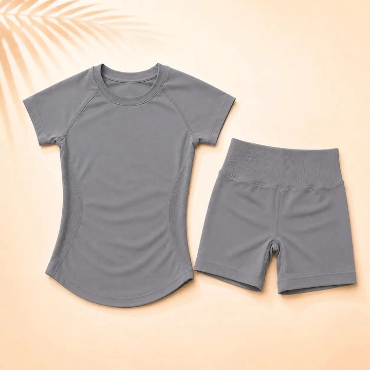 NoLogo Women Ribbed Yoga 2-Piece Set Tummy Short Sleeve Top High Waist Butt Lifting Shorts Seamless Gym for Fitness Running