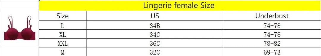 Lingerie bra size chart with maroon bra, sizes M to XXL, underbust measurements, OurLum.com