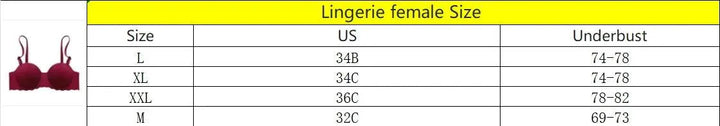 Lingerie bra size chart with maroon bra, sizes M to XXL, underbust measurements, OurLum.com