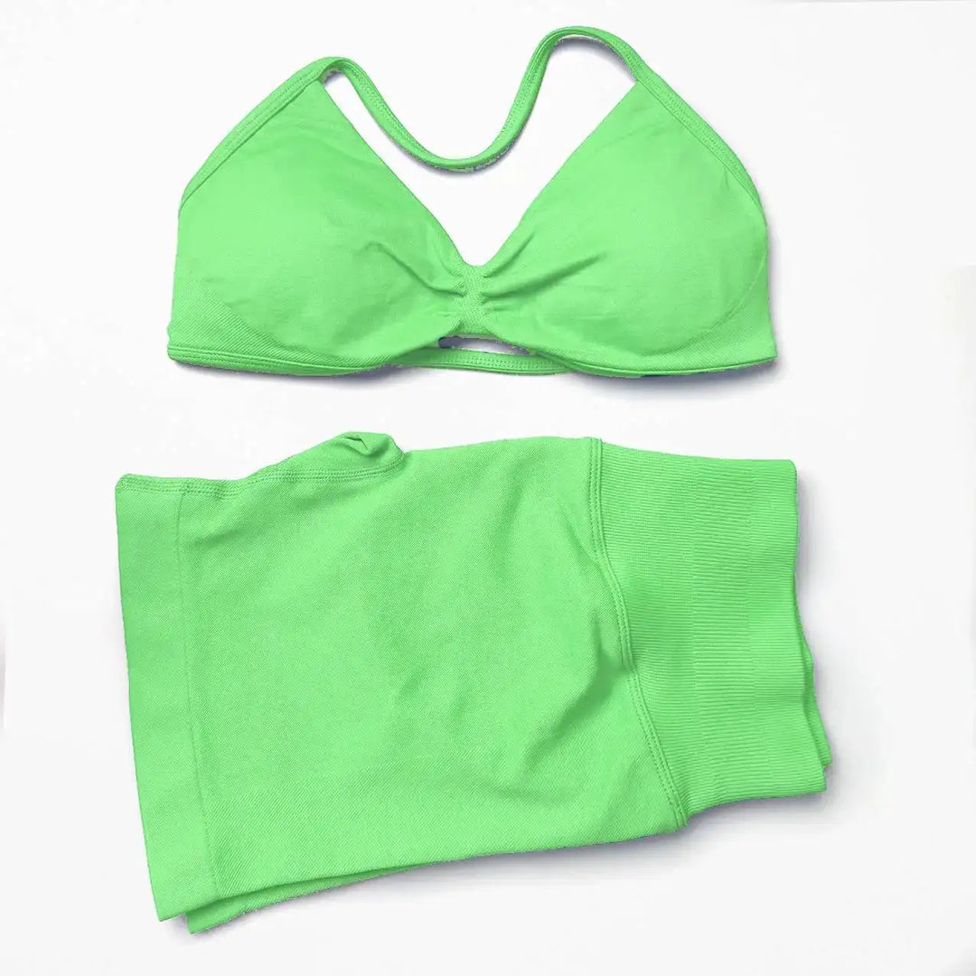 WANAYOU Seamless 2 Pcs Women Yoga Sets Halter Bras Sports Crop Tops Low Waist Scrunch Butt Gym Shorts Tight Quick Dry Leggings