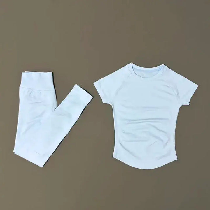 2Pcs HISTELLO Fitness Sets Women High Elastic Seamless Short Sleeve Top Low Waist Full Leggings Tummy Control Butt Lift Yoga Gym