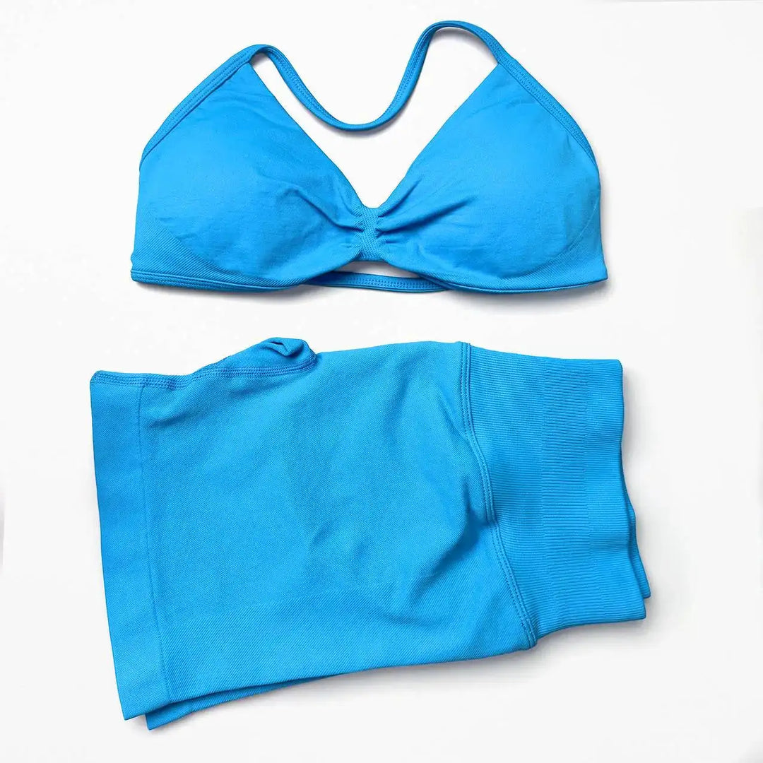 Seamless 2 Pieces Strappy Yoga Halter Bras Sets Scrunch Butt Sports Shorts Quick Dry Backless Gym Crop Tops with Pad Push Up Set