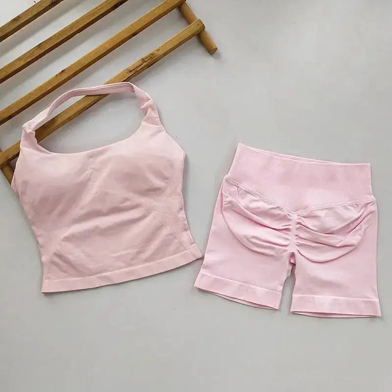 Yoga 2 Pieces Gym Set Women Backless Halter Tops High Waist Seamless Shorts Gym Suit Fitness Sports Bras Sportswear Workout Sets