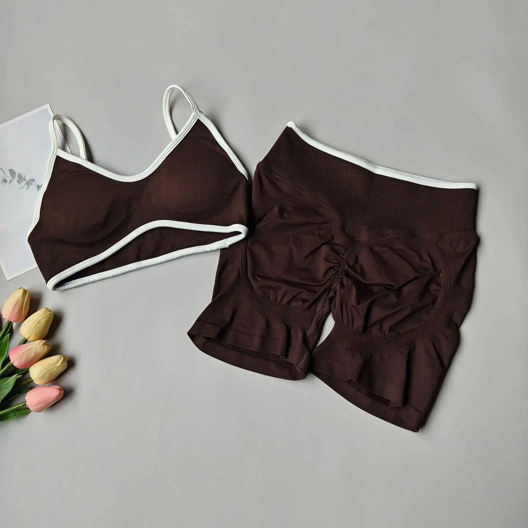 Peach Buttock Yoga Suit Women Gym Seamless Suspender Gathering Bra High Waist Hip Lifting Belly Tightening Shorts Fitness Set