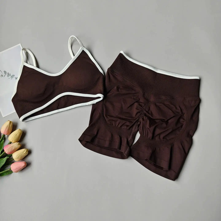 Peach Buttock Yoga Suit Women Gym Seamless Suspender Gathering Bra High Waist Hip Lifting Belly Tightening Shorts Fitness Set