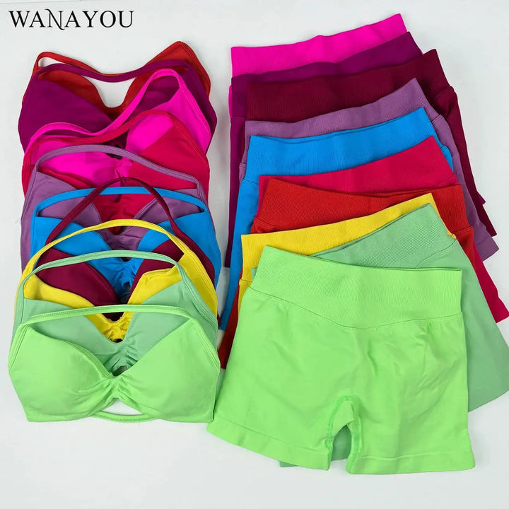 WANAYOU Seamless 2 Pcs Women Yoga Sets Halter Bras Sports Crop Tops Low Waist Scrunch Butt Gym Shorts Tight Quick Dry Leggings