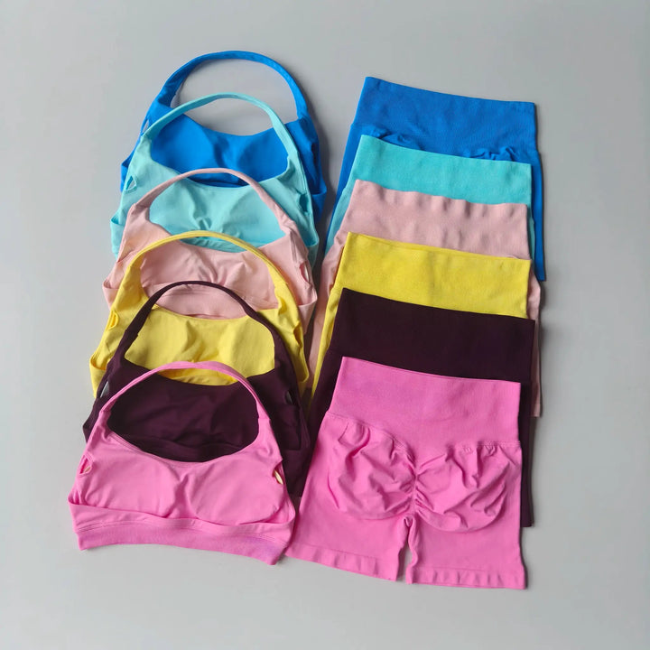 2PCs Peach High Waist Belly Hip Lifting Sports Bras Shorts Suit Gathering Shock-proof Neck Halter Yoga Suit Running Fitness Set
