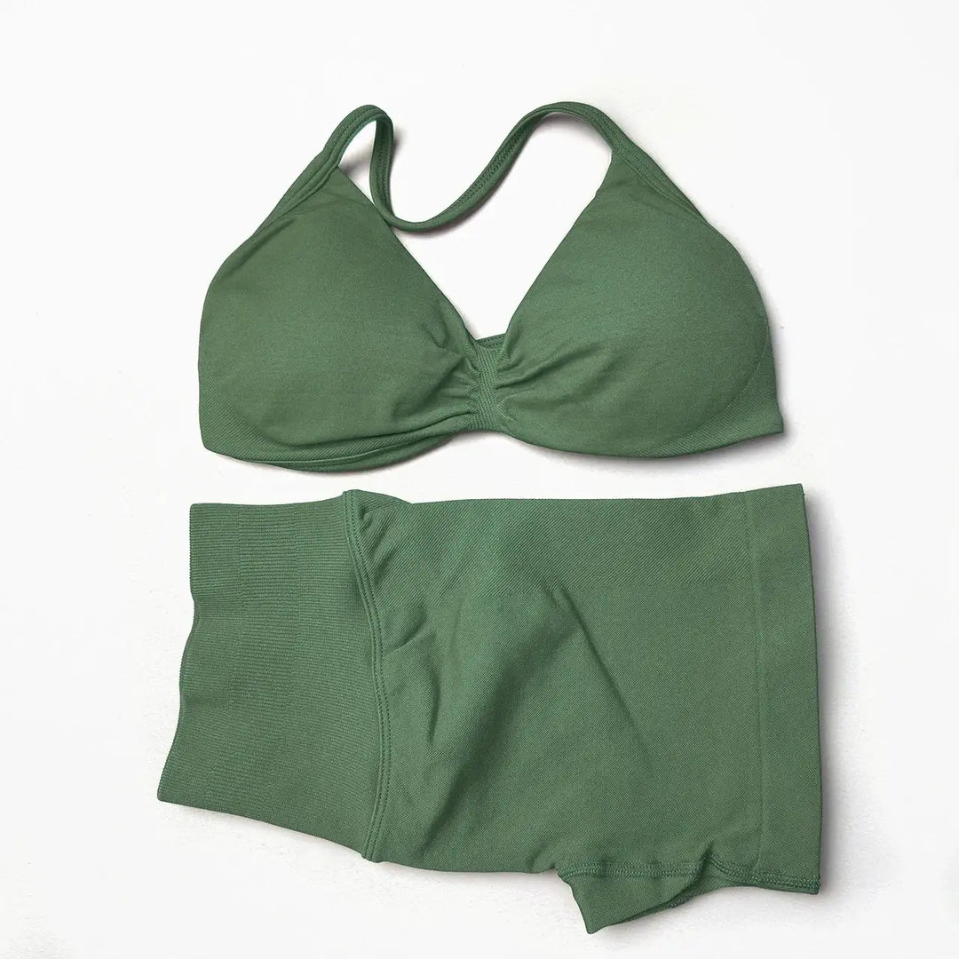 STOUREG 2 Pieces Yoga Gym Set Women Seamless Strappy Yoga Bra High Waist Workout Scrunch Shorts Set Fitness Clothes Sportswear