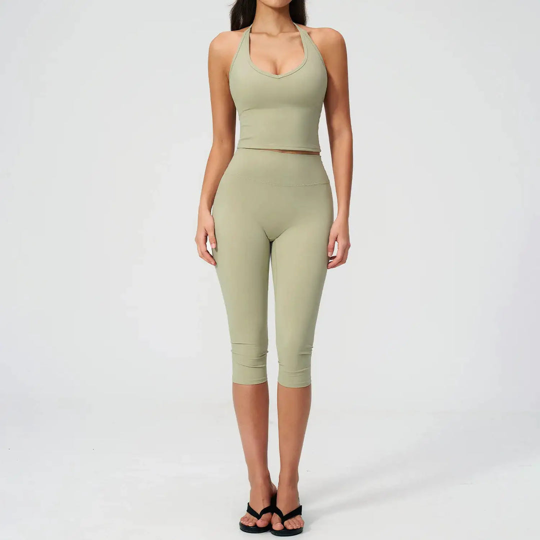 Women 2 Piece Yoga Set High Waist Capri Leggings Sports Bra Crop Top Workout Gym Athletic Outfits Female Fitness Activewear Suit