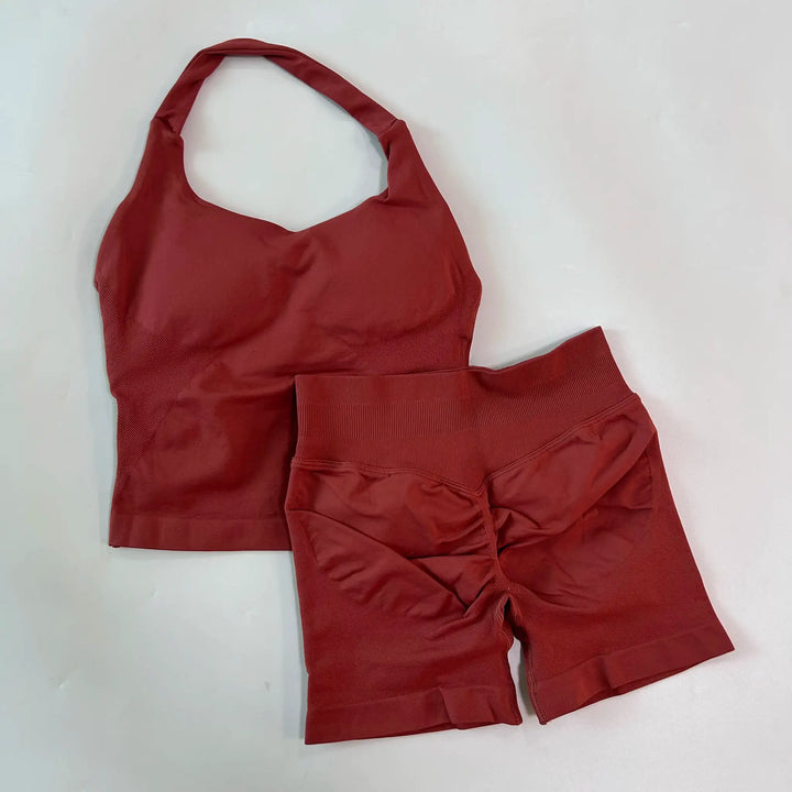 No Logo 2 Pieces Gym Set Women Backless Halter Tops High Waist Seamless Shorts Gym Suit Fitness Clothes Sportswear Workout Sets