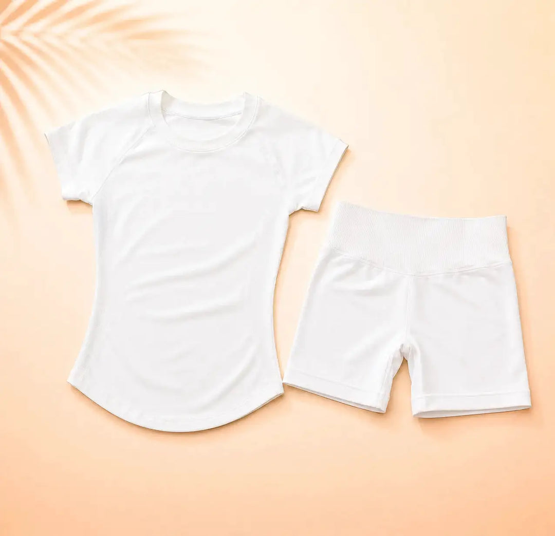 NoLogo Women Ribbed Yoga 2-Piece Set Tummy Short Sleeve Top High Waist Butt Lifting Shorts Seamless Gym for Fitness Running