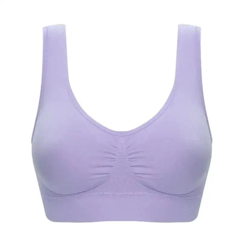 Light purple seamless sports bra with wide straps, available at OurLum.com.