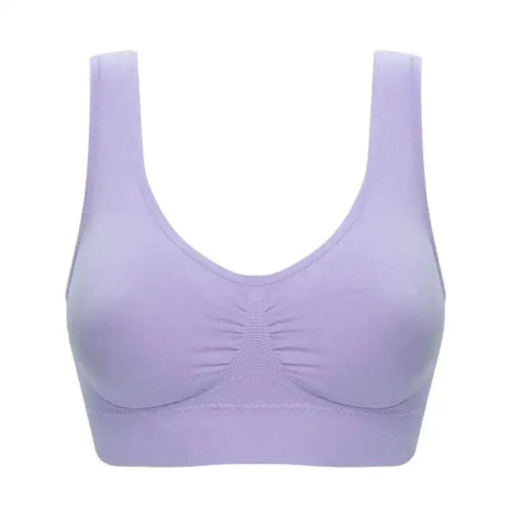 Light purple seamless sports bra with wide straps, available at OurLum.com.