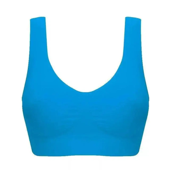 Seamless bright blue wireless bra, comfortable activewear from OurLum.com.