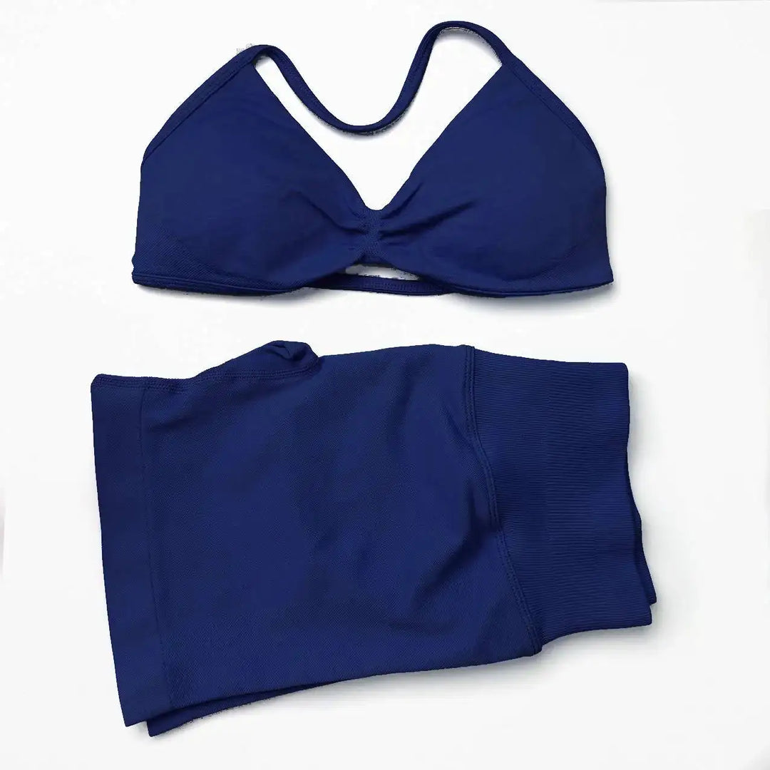 Seamless 2 Pieces Strappy Yoga Halter Bras Sets Scrunch Butt Sports Shorts Quick Dry Backless Gym Crop Tops with Pad Push Up Set
