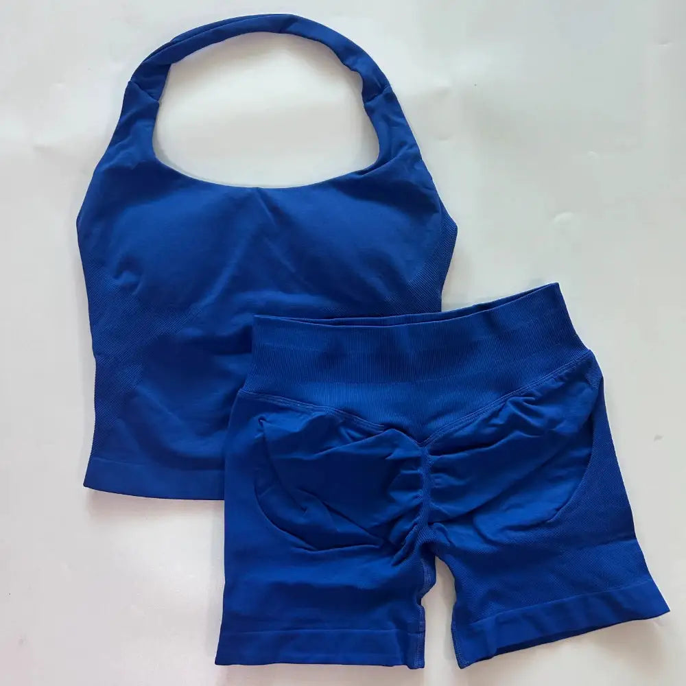 No Logo 2 Pieces Gym Set Women Backless Halter Tops High Waist Seamless Shorts Gym Suit Fitness Clothes Sportswear Workout Sets