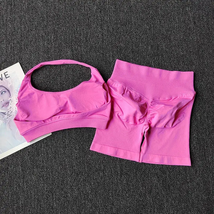 2PCs Peach High Waist Belly Hip Lifting Sports Bras Shorts Suit Gathering Shock-proof Neck Halter Yoga Suit Running Fitness Set