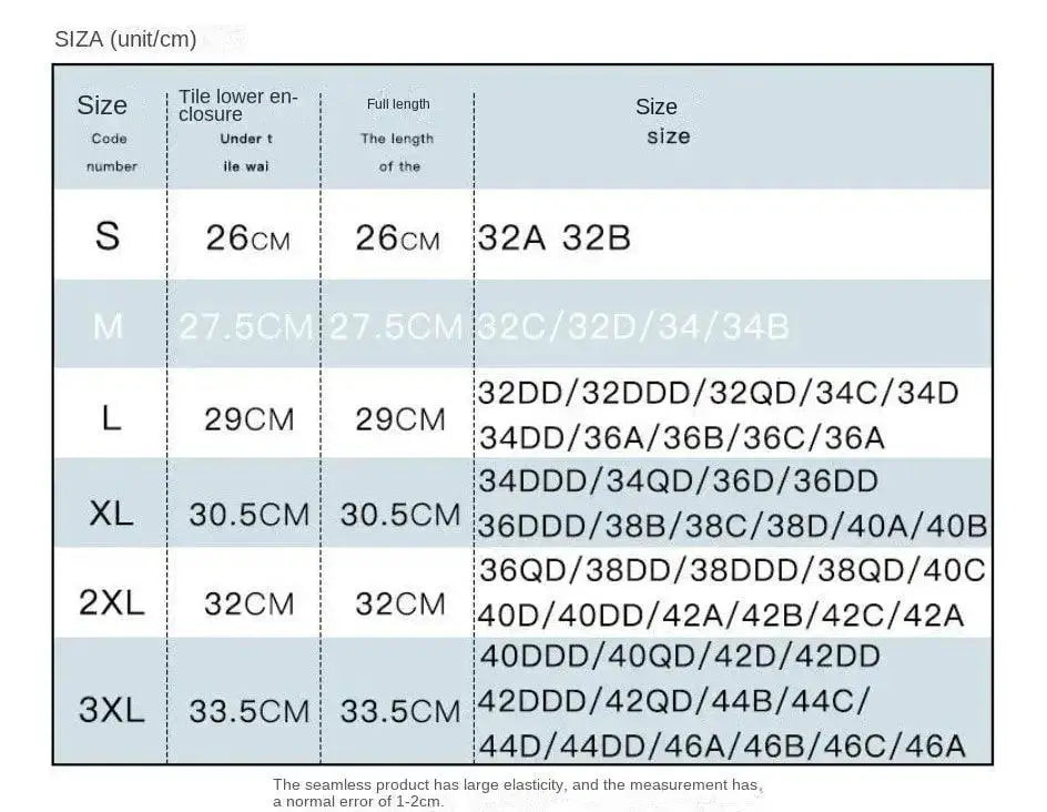 Bra size chart with measurements and cup sizes for S to 3XL at OurLum.com