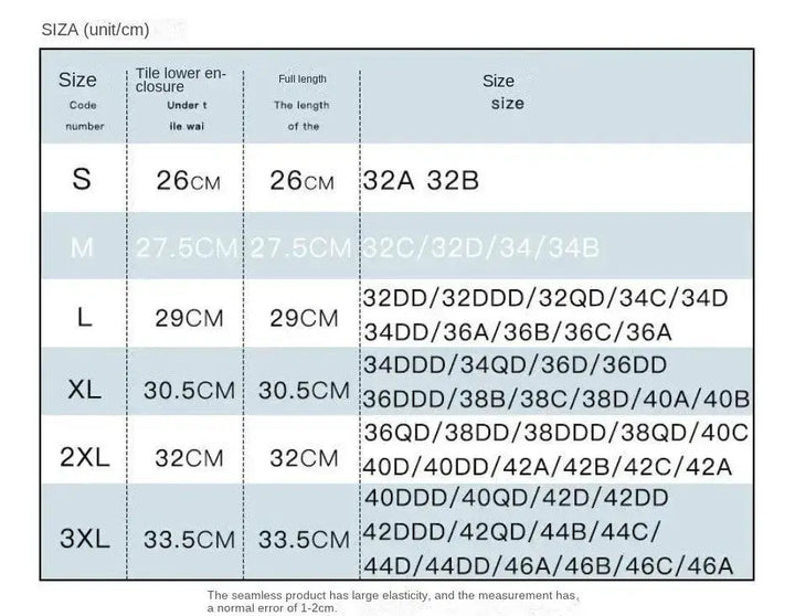 Bra size chart with measurements and cup sizes for S to 3XL at OurLum.com