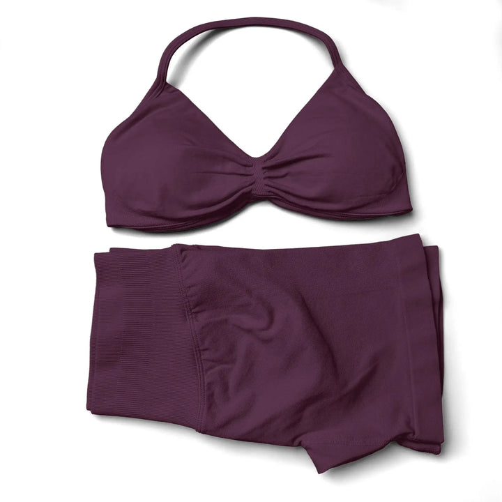 Seamless 2 Pieces Strappy Yoga Halter Bras Sets Scrunch Butt Sports Shorts Quick Dry Backless Gym Crop Tops with Pad Push Up Set
