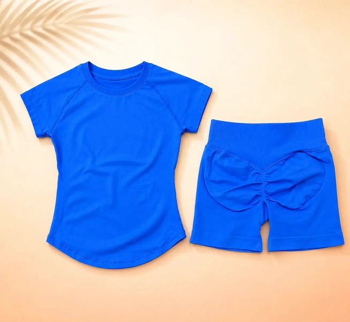 NoLogo Women Ribbed Yoga 2-Piece Set Tummy Short Sleeve Top High Waist Butt Lifting Shorts Seamless Gym for Fitness Running