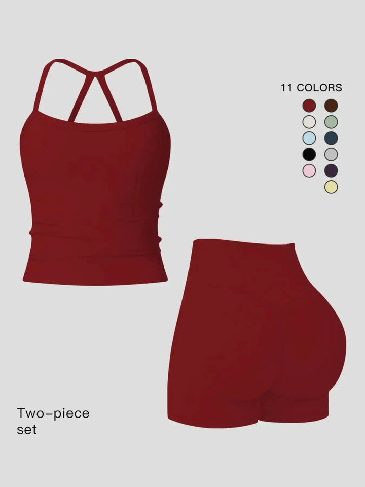 Women 2 Piece Yoga Set Quick Dry Workout Tracksuit Backless Cami Top High Waist Tummy Control Butt Lifting Shorts Ladies Fitness Sportswear Gym Outfits Activewear Running Suit