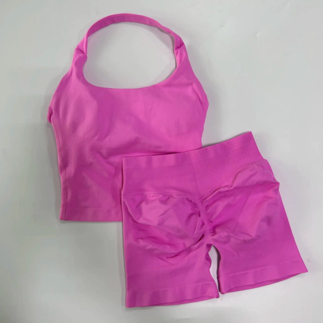 No Logo 2 Pieces Gym Set Women Backless Halter Tops High Waist Seamless Shorts Gym Suit Fitness Clothes Sportswear Workout Sets