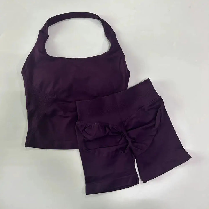No Logo 2 Pieces Gym Set Women Backless Halter Tops High Waist Seamless Shorts Gym Suit Fitness Clothes Sportswear Workout Sets