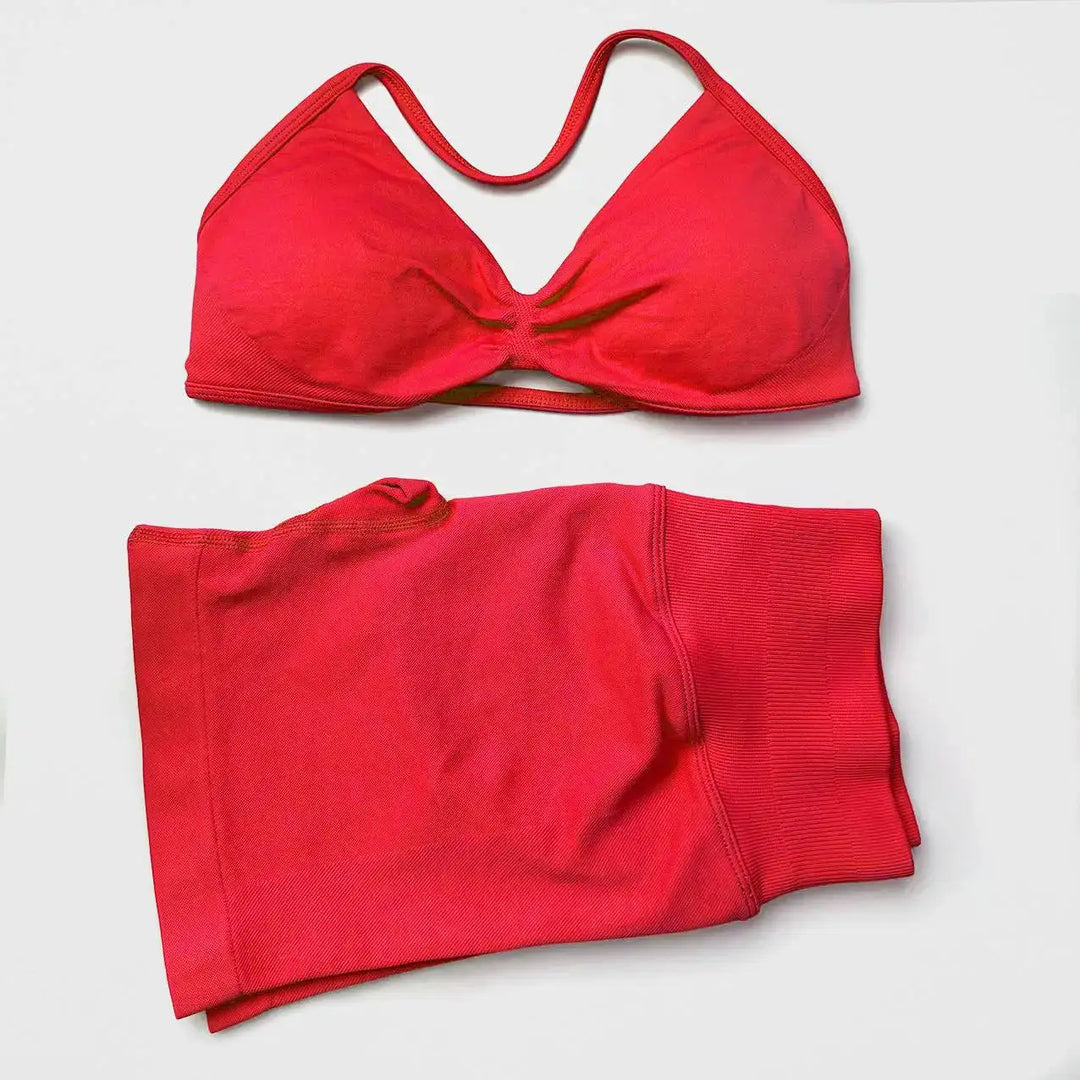 STOUREG 2 Pieces Yoga Gym Set Women Seamless Strappy Yoga Bra High Waist Workout Scrunch Shorts Set Fitness Clothes Sportswear