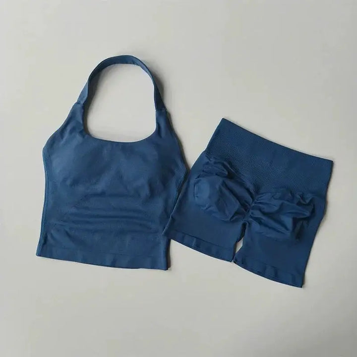 Yoga 2 Pieces Gym Set Women Backless Halter Tops High Waist Seamless Shorts Gym Suit Fitness Sports Bras Sportswear Workout Sets