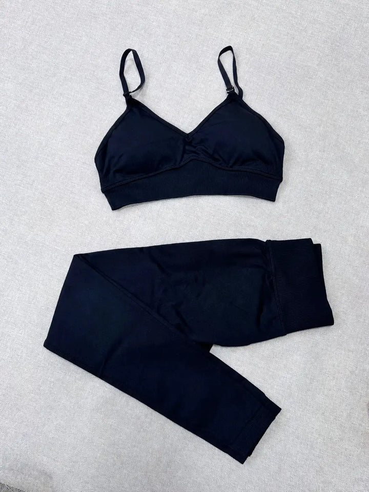 Quick Dry V Neck Sports Bra and Yoga Pants Set for Women, 90% Nylon 10% Spandex Moisture Wicking Two Piece Gym Fitness Workout Outfit, Strappy Crop Top Full Length Activewear for Running Training
