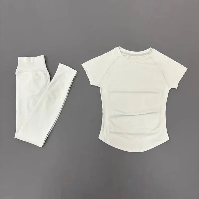 2Pcs HISTELLO Fitness Sets Women High Elastic Seamless Short Sleeve Top Low Waist Full Leggings Tummy Control Butt Lift Yoga Gym
